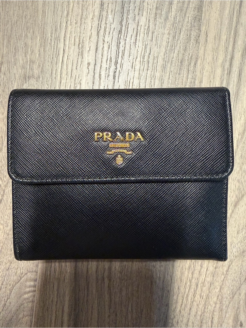 Prada Black Saffiano Trifold Leather Compact Wallet with Gold Logo